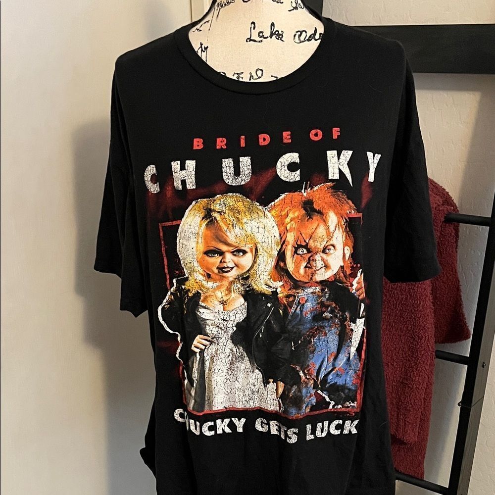 Bride of Chucky Gets Lucky Black Distressed Graphic Pullover T-Shirt Tiffany